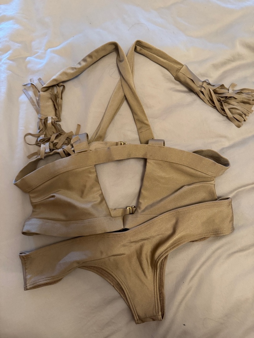 Montce Taupe Fringe Halter Bikini Set
